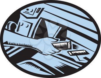 Illustration showing hand reaching in the glove box for an energy bar set inside oval shape done in retro woodcut style. 