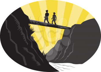 Illustration of  two trampers hikers crossing a deep ravine with river below on a single log bridge set inside oval shape viewed from low angle with sunburst in the background done in retro woodcut st