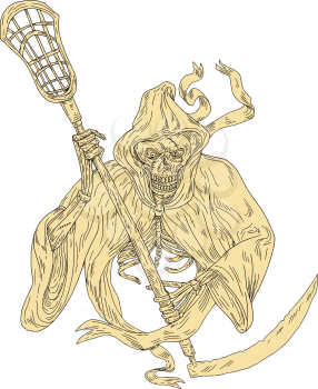 Drawing sketch style illustration of the grim reaper lacrosse player holding a crosse or lacrosse stick defense pole viewed from front on isolated white background.