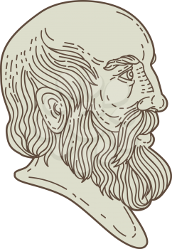 Mono line style illustration of the Greek philosopher Plato head viewed from the side set on isolated white background. 