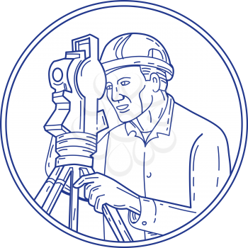 Mono line style illustration of a surveyor geodetic engineer with theodolite instrument surveying viewed from side set inside circle on isolated background. 