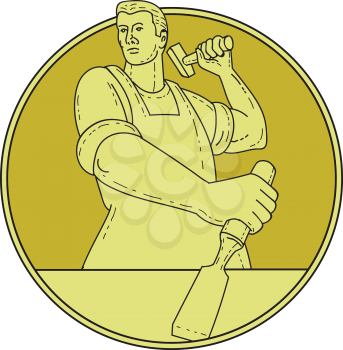 Mono line style illustration of a carpenter carver holding hammer and chisel chiseling looking to the side viewed from front set inside circle on isolated background. 
