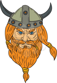 Drawing sketch style illustration of a norseman viking warrior raider barbarian head with beard viewed from front set on isolated white background. 
