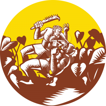 Illustration of Samoan legend wielding a club Nifo'oti weapon defeating the god with taro plant in background done in retro woodcut style