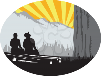 Illustration of  two trampers campers sitting on a log, one female and one male looking up to the mountain set inside oval shape with sunburst in the background done in retro woodcut style. 