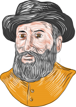Drawing sketch style illustration of Ferdinand Magellan aka Fernando de Magallanes,a Portuguese explorer who organised the Spanish expedition to the East Indies from 1519 to 1522, resulting in the fir
