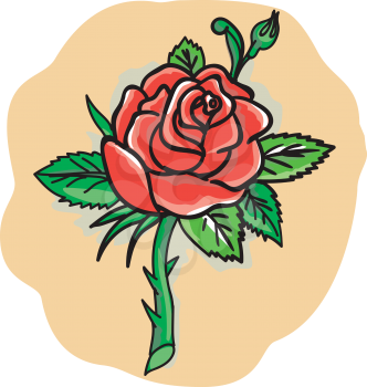 Tattoo style illustration of a red rose bud with leaves on a stem with thorns set on isolated white background. 