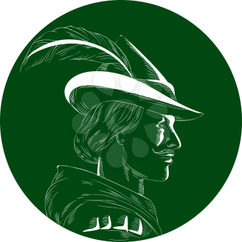 Illustration of a Robin Hood wearing medieval hat with a pointed brim and feather viewed from side set inside circle done in retro woodcut style. 