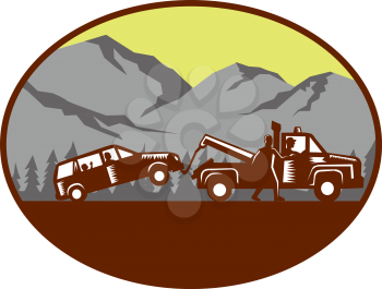 Illustration of a car being towed away, people in the car, child looking looking out the back window with man walking beside tow truck talking to driver set inside oval shape with mountain and trees i