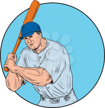 Drawing sketch style illustration of an american baseball player batter hitter holding bat viewed from front set inside circle. 