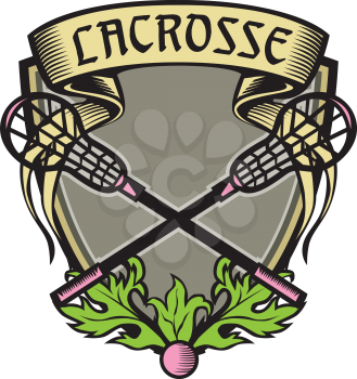 Illustration of a coat of arms with crossed lacrosse stick set inside shield crest with word text Lacrosse on top done in retro woodcut style. 


