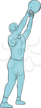 Drawing sketch style illustration of an athlete weightlifter working out looking up lifting swinging kettlebell up with both hands viewed from the side set on isolated white background. 
