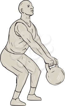 Drawing sketch style illustration of an athlete weightlifter working out squatting lifting swinging kettlebell with both hands viewed from the side set on isolated white background. 