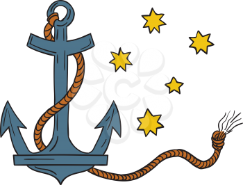 Drawing style illustration of an anchor, a device, made of metal, used to connect a vessel to sea bed to prevent the craft from drifting, with coiled rope and southern cross  star constellation in bac