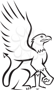 Illustration of a griffin, griffon, or gryphon sitting down viewed from the side set on isolated white background done in retro style.
