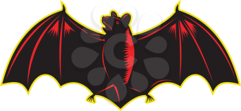 Illustration of bat looking up to the side with wings spread out viewed from front set on isolated white background. 