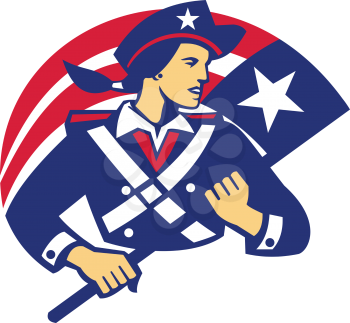 Illustration of a female american patriot minuteman looking to the side holding flag viewed from front set on isolated white background done in retro style. 