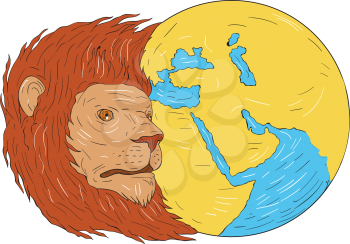 Drawing sketch style illustration of a lion head with flowing mane looking to the side with middle east and asia map globe set on isolated white background. 