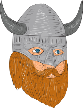 Drawing sketch style illustration of a norseman viking warrior raider barbarian head with beard wearing horned helmet looking slightly to the side set on isolated white background. 