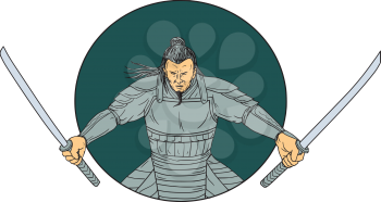 Drawing sketch style illustration of a Samurai warrior wielding two swords viewed from front set inside oval on isolated background. 