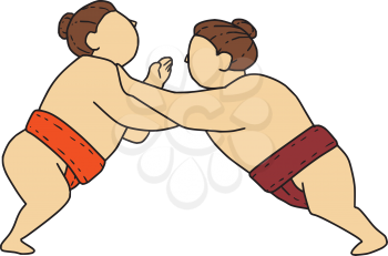 Mono line style illustration of a Japanese rikishi or wrestler, engaging in a match bout of Sumo or sumo wrestling, competitive full-contact wrestling sport pushing viewed from the side set on isolate
