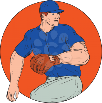 Drawing sketch style illustration of an american baseball player pitcher outfilelder ready to throw ball viewed from the side set inside circle on isolated background.