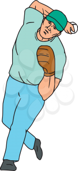 Illustration of an american baseball player pitcher outfilelder in throwing ball motion set on isolated white background done in cartoon style. 