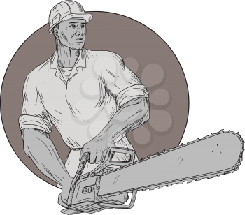 Drawing sketch style illustration of lumberjack arborist tree surgeon wearing helmet holding operating a chainsaw viewed from front set inside circle on isolated background. 