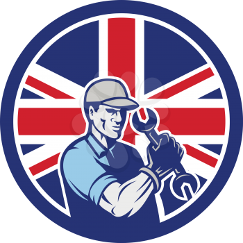 Icon retro style illustration of a British auto mechanic or industrial maintenance mechanic holding wrench with United Kingdom UK, Great Britain Union Jack flag set in circle on isolated background.