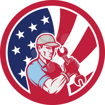 Icon retro style illustration of an American auto mechanic or industrial maintenance mechanic holding wrench with United States of America USA star spangled banner or stars and stripes flag in circle.