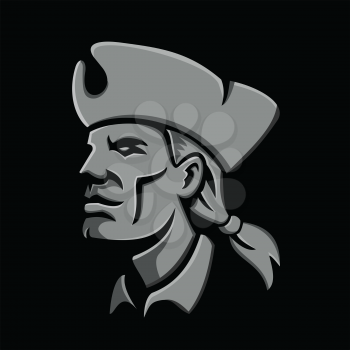 Metallic style flat icon or mascot illustration of head of an American patriot, minuteman or militia revolutionary soldier wearing tricorne hat on isolated black background.
