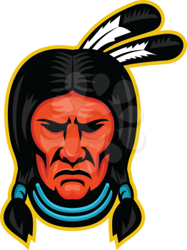 Mascot icon illustration of head of a Sioux Native American Indian chief viewed from front on isolated background in retro style.