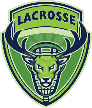 Mascot icon illustration of head of a deer, buck or stag viewed from front with lacrosse stick in back set inside crest shield on isolated background in retro style with words Lacrosse.