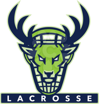 Mascot icon illustration of head of a deer, buck or stag viewed from front with lacrosse stick on isolated background in retro style with words Lacrosse.
