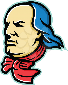 Mascot icon illustration of head of an American polymath and Founding Father of the United States, Benjamin Franklin looking forward viewed from side on isolated background in retro style.