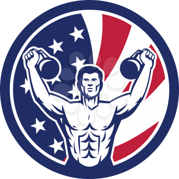 Icon retro style illustration of an American physical fitness buff training with kettlebell and United States of America USA star spangled banner stars and stripes flag in circle isolated background.