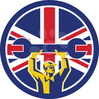Icon retro style illustration of a British automotive mechanic lifting spanner  with United Kingdom UK, Great Britain Union Jack flag set inside circle on isolated background.