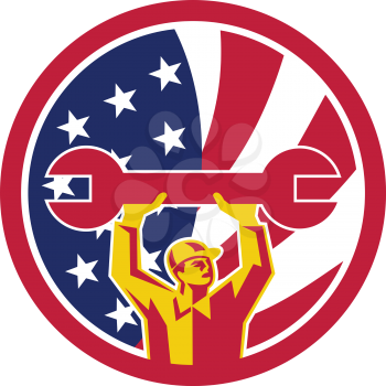 Icon retro style illustration of an American automotive mechanic lifting spanner with United States of America USA star spangled banner or stars and stripes flag inside circle isolated background.