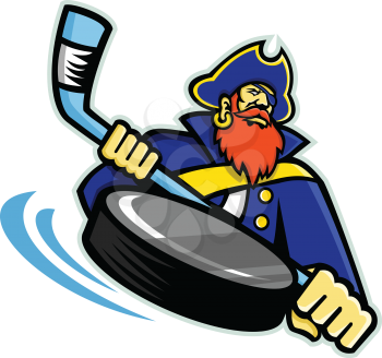 Mascot icon illustration of head of a swashbuckler, pirate, privateer or corsair with ice hockey stick and puck viewed from front on isolated background in retro style.