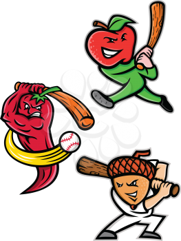 Mascot icon illustration set of fruits playing as baseball player batting with bat like the apple, red chili pepper or chilli and the acorn or oak nut viewed from side on isolated background in retro style.