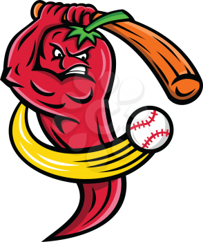 Mascot icon illustration of a red chili pepper from Nahuatl chilli, fruit of plants from the genus Capsicum, members of the nightshade family, as baseball player batting with baseball bat on isolated background in retro style.
