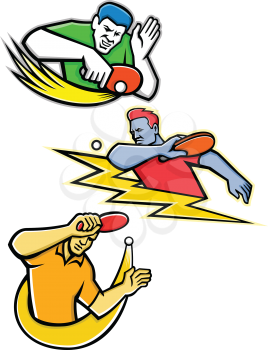 Mascot icon illustration set of table tennis or ping-pong player striking, smashing, blocking a ping pong ball with paddle or racket on isolated background in retro style.