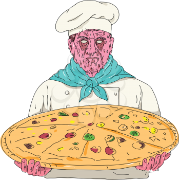 Grime art style illustration of a Zombie Chef cook or baker wearing toque hat Holding Pizza Pie viewed from front on isolated background.