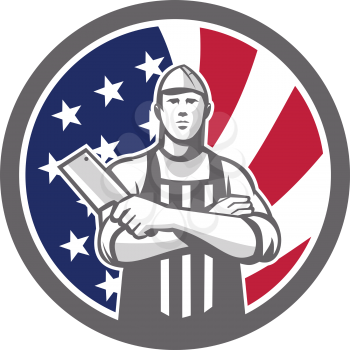 Icon retro style illustration of American butcher arms crossed holding a meat cleaver viewed from front  with United States of America USA star spangled banner or stars and stripes flag inside circle.