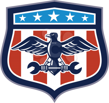 Icon retro style illustration of an American mechanic bald eagle clutching spanner wrench with United States of America USA star spangled banner or stars stripes flag inside crest isolated background.