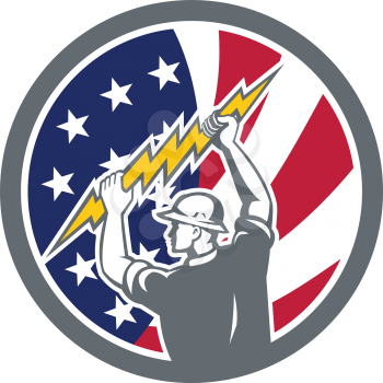 Icon retro style illustration of American electrician, lineman holding lightning bolt with United States of America USA star spangled banner stars and stripes flag inside circle isolated background.