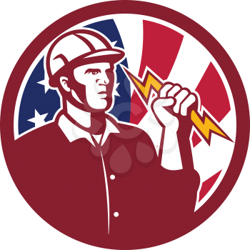 Icon retro style illustration of  American Power Lineman or electrician holding a lightning bolt with United States of America USA star spangled banner or stars and stripes flag inside circle.