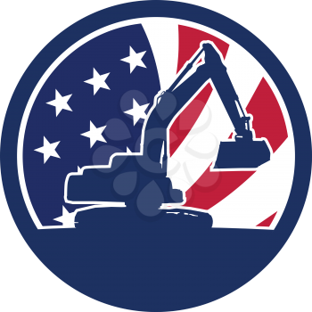 Icon retro style illustration of silhouette of American mechanical digger or excavator viewed from side  with United States of America USA star spangled banner or stars and stripes flag inside circle.