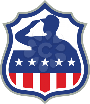 Icon retro style illustration of silhouette of an American soldier saluting USA stars and stripes, star spangled banner flag front view set inside crest shield on isolated background.