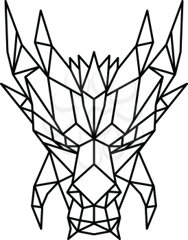 Low polygon style illustration of a head of a dragon, a serpent-like legendary creature that appears in folklore of many cultures viewed from front on isolated background in black and white.